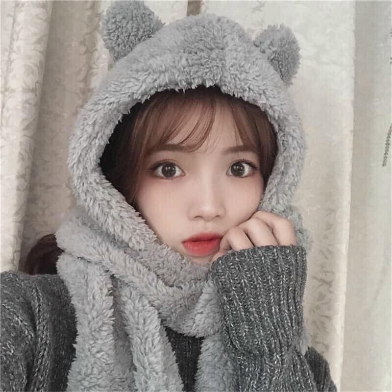 Khăn bông kèm mũ tai gấu 3 in 1