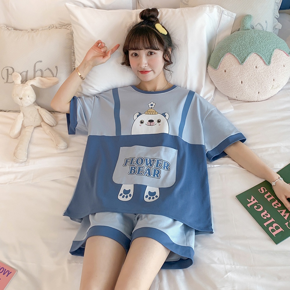 Bộ Đồ Nữ "FLOWER BEAR" Cộc Tay Chất Thun Co Giãn MENFASHION1989 - WM SET 013
