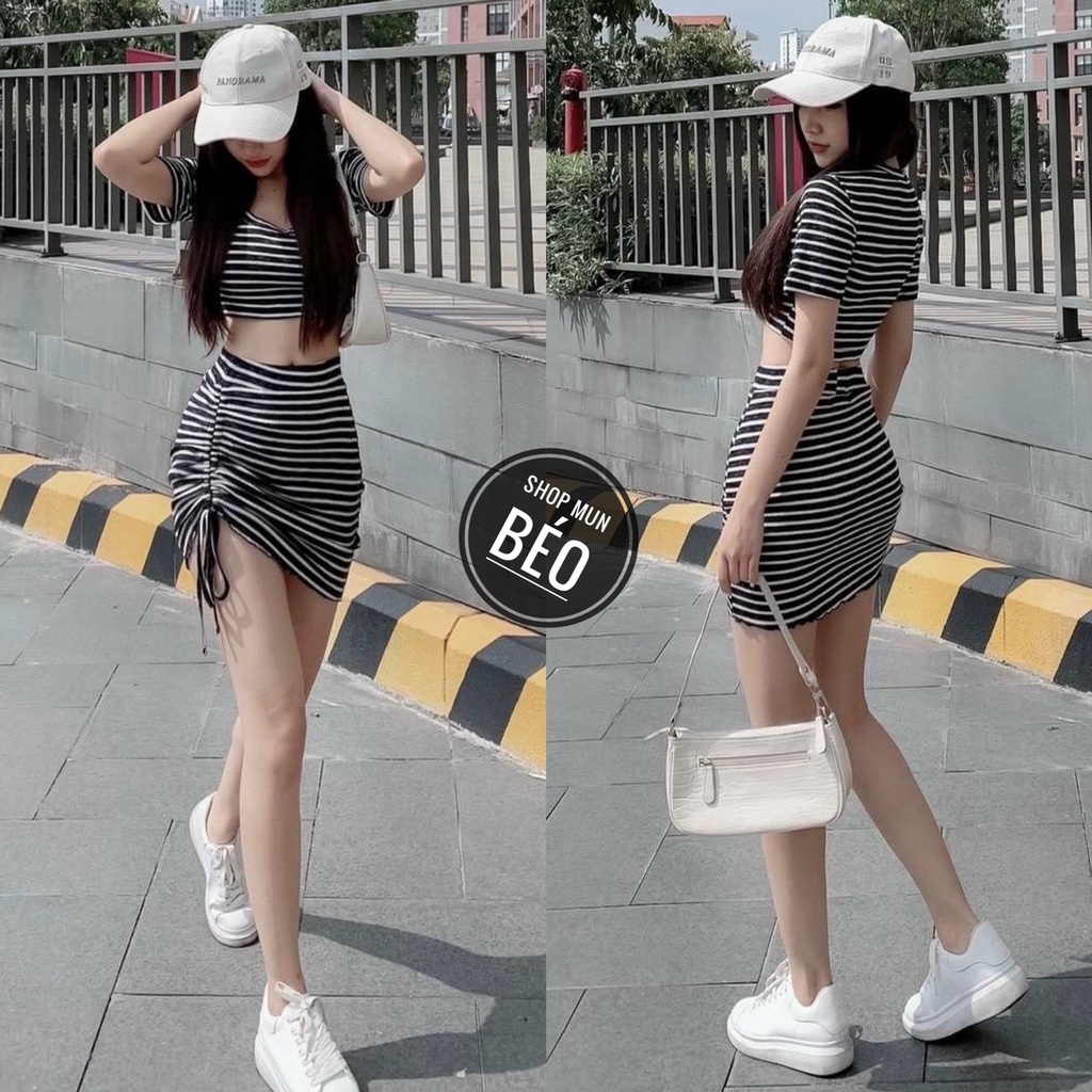 Set Chân Váy Ngắn Rút Dây Kèm Áo Croptop Sọc Ngang Chất Thun Gân Sọc Thích Hợp Mặc Đi Tiệc Đi Làm Đi Chơi