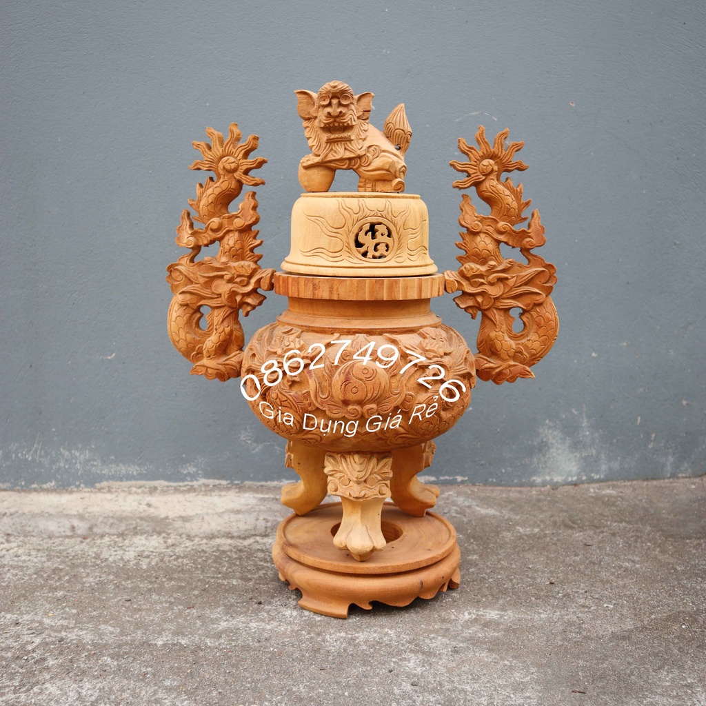 Đỉnh gỗ lư hương rồng lân thờ gia tiên