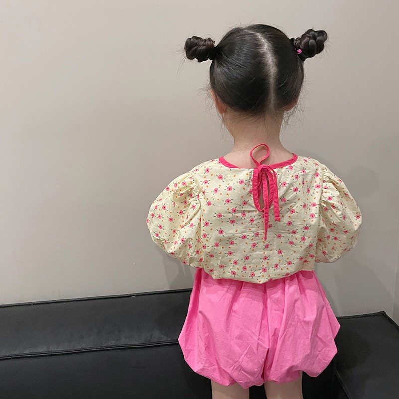 Bộ Áo Tay Phồng Ngắn + Quần Sooc Thời Trang Mùa Hè Hàn Quốc Cho Bé Gái