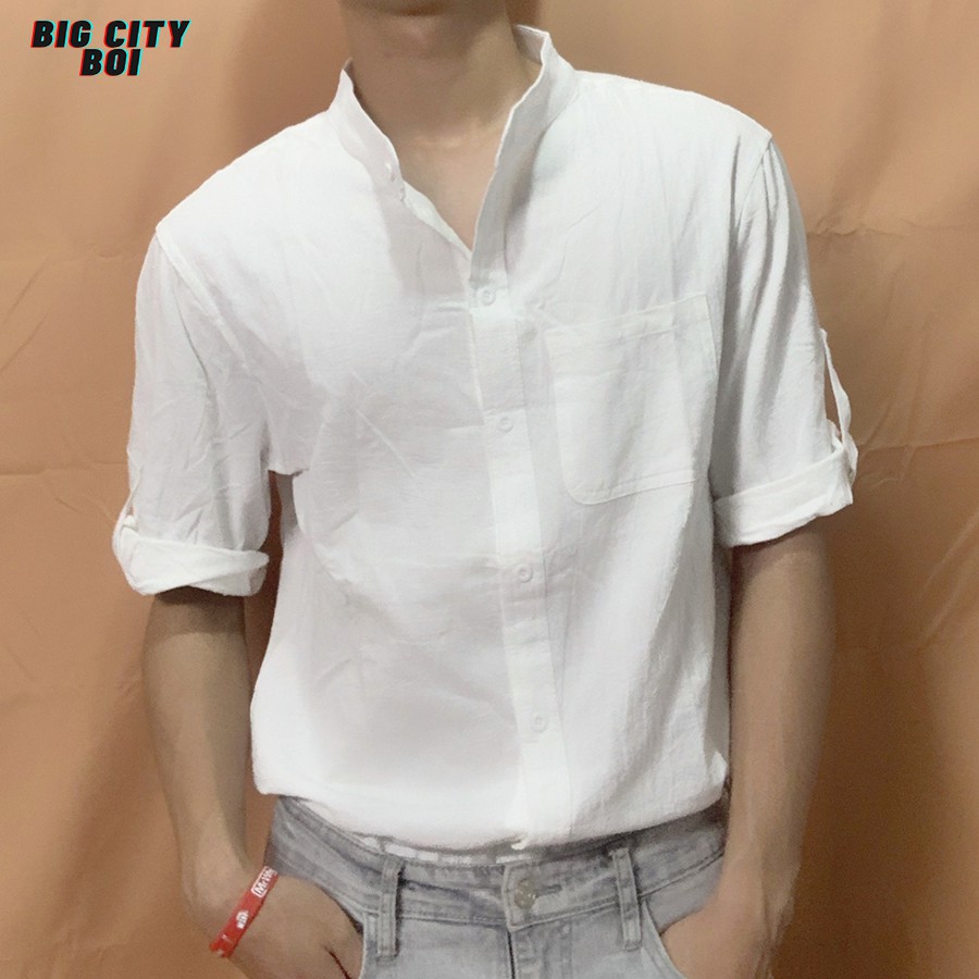 Áo sơ mi đũi ngắn tay nam chất cao cấp, chất đũi mềm mịn thoáng mát, kiểu sơ mi ngắn tay, cổ trụ lịch lãm