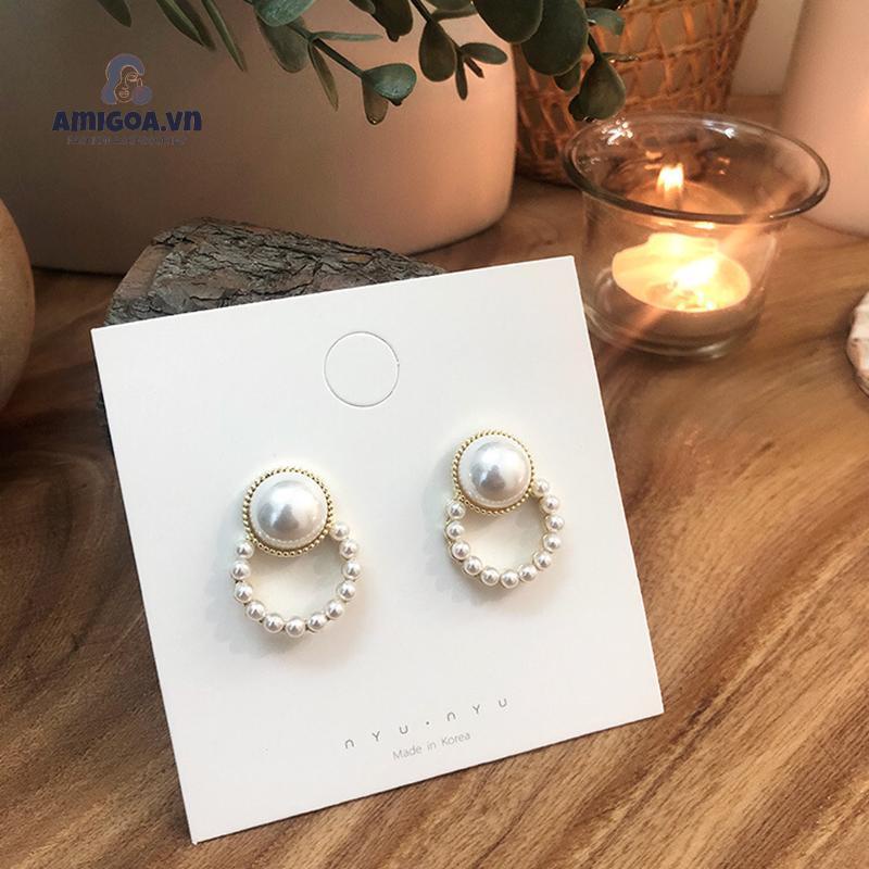 Bông Tai Hình Tròn Đính Ngọc Trai Đơn Giản Thanh Lịch