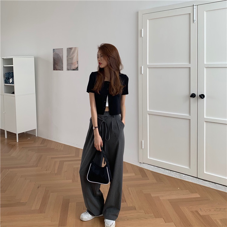 Quần ống rộng eo cao màu xám phong cách Hàn Quốc cá tính cho nữ | BigBuy360 - bigbuy360.vn