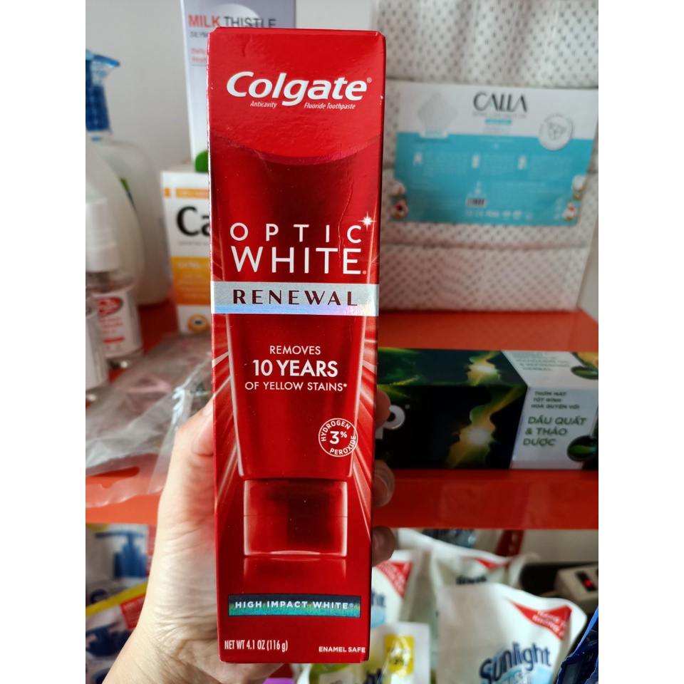 KEM ĐÁNH RĂNG COLGATE OPTIC WHITE RENEWAL CỦA MỸ 116G (REMOVES 10 YEARS OF YELLOW STAINS)