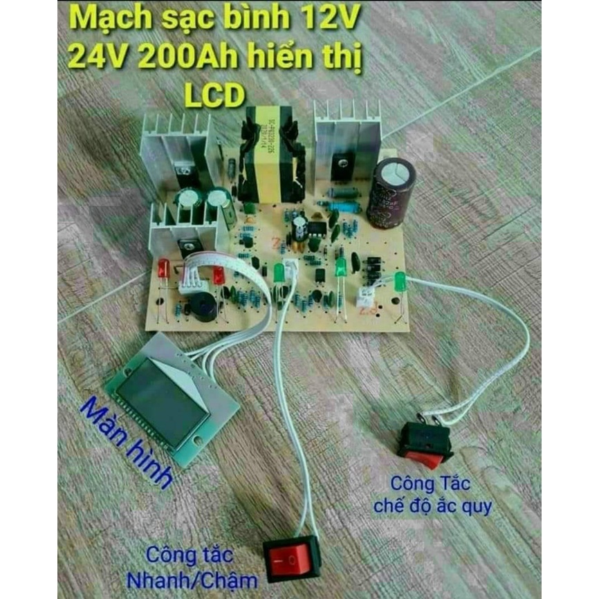 Mạch sạc acquy tự động nhận bình 12,24v 200Ah hiển thị LCD có bảo vệ