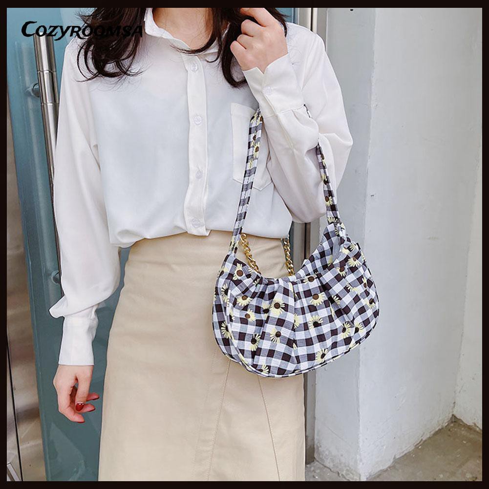 Fashion Women Plaid Daisy Print Canvas Underarm Hobos Bag Pleated Handbags