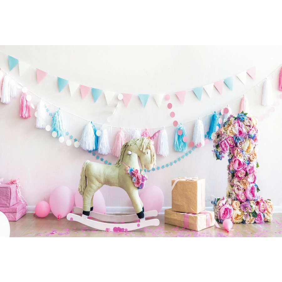 Phông nền chụp hình tiệc sinh nhật bé họa tiết bóng bay biển mùa hè