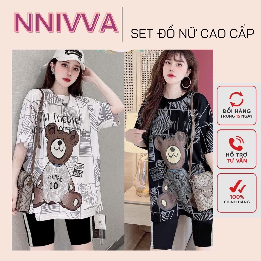 Set Đồ Bộ Quần Áo Nữ NNIVVA Mùa Hè Quần Bó Đen Lửng Mặc Nhà Dễ Thương Áo Form Rộng Thun Cotton Sang Chảnh..