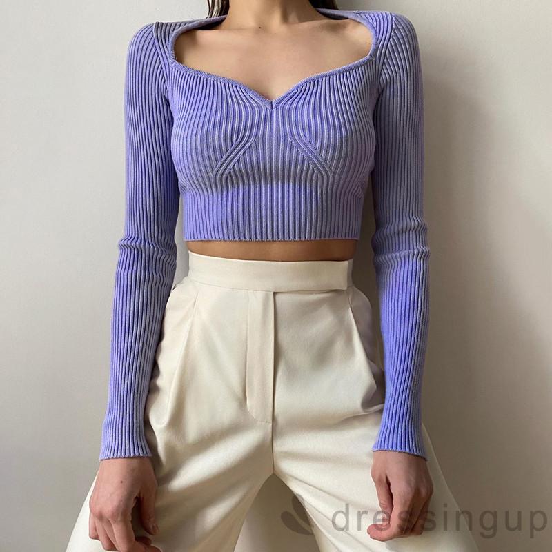 Áo crop top tay dài cổ V gợi cảm