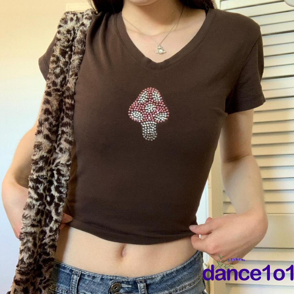 Áo thun ngắn tay cổ chữ V đính đá hình nấm thời trang cho nữ