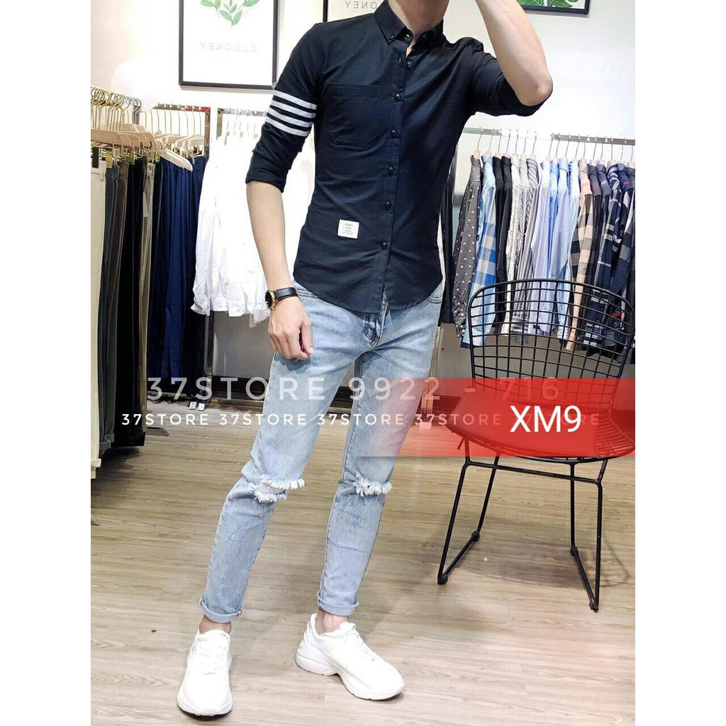 video + Áo sơ mi nam phối sọc cánh tay đủ size 4 màu trắng , đen , xanh dương , xanh nhạt, thời trang
