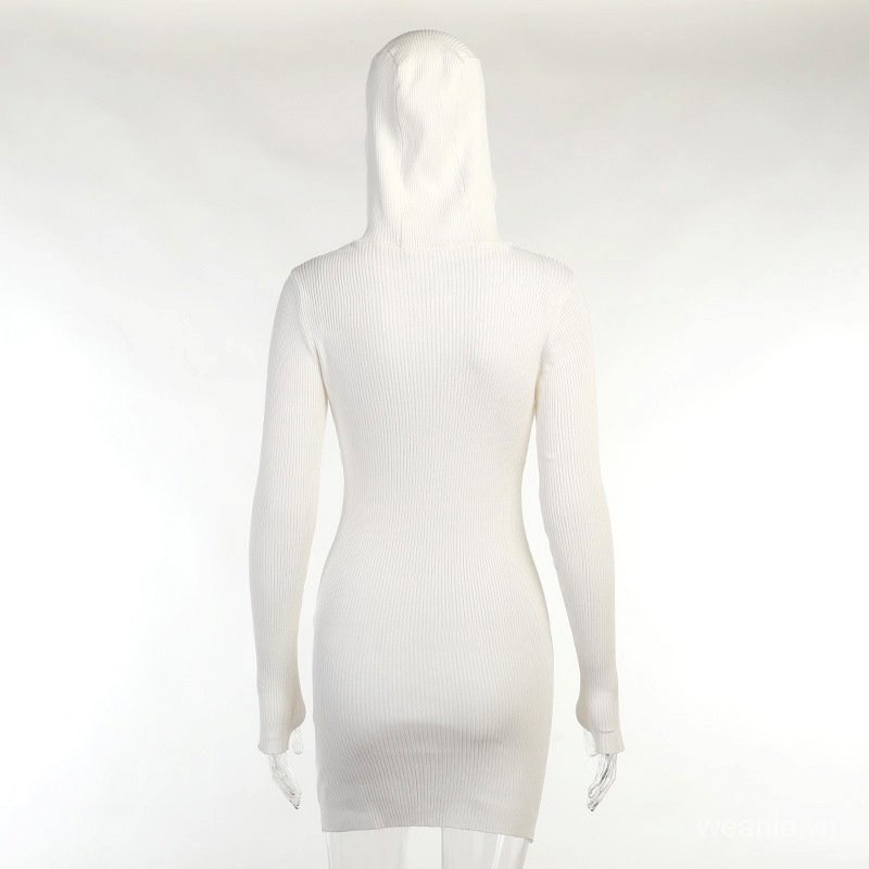 Đầm dệt kim tay dài màu trơn có mũ trùm thời trang mùa thu cho nữ