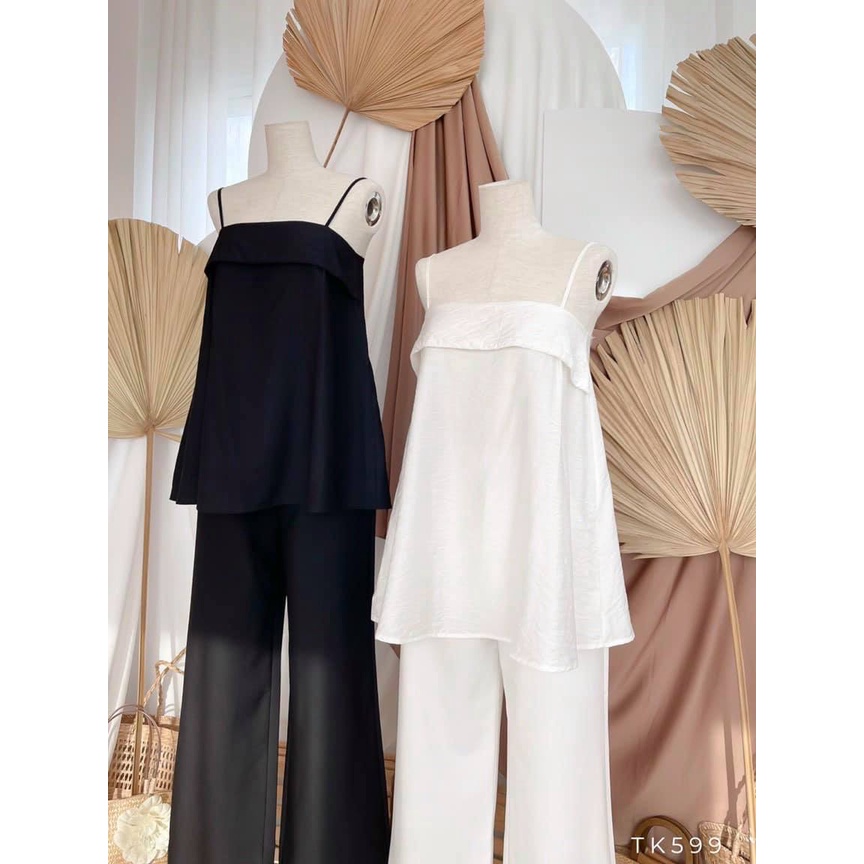 Áo 2 dây xòe viền ngực chất liệu tơ xước, Form rộng rãi có tăng đơ điều chỉnh dây thoải mái, tha hồ thả dáng