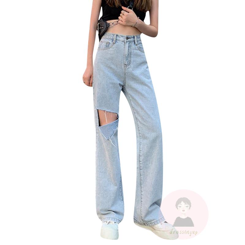Quần Jeans Dài Lưng Cao Màu Sắc Trơn Dáng Rộng Dành Cho Nữ