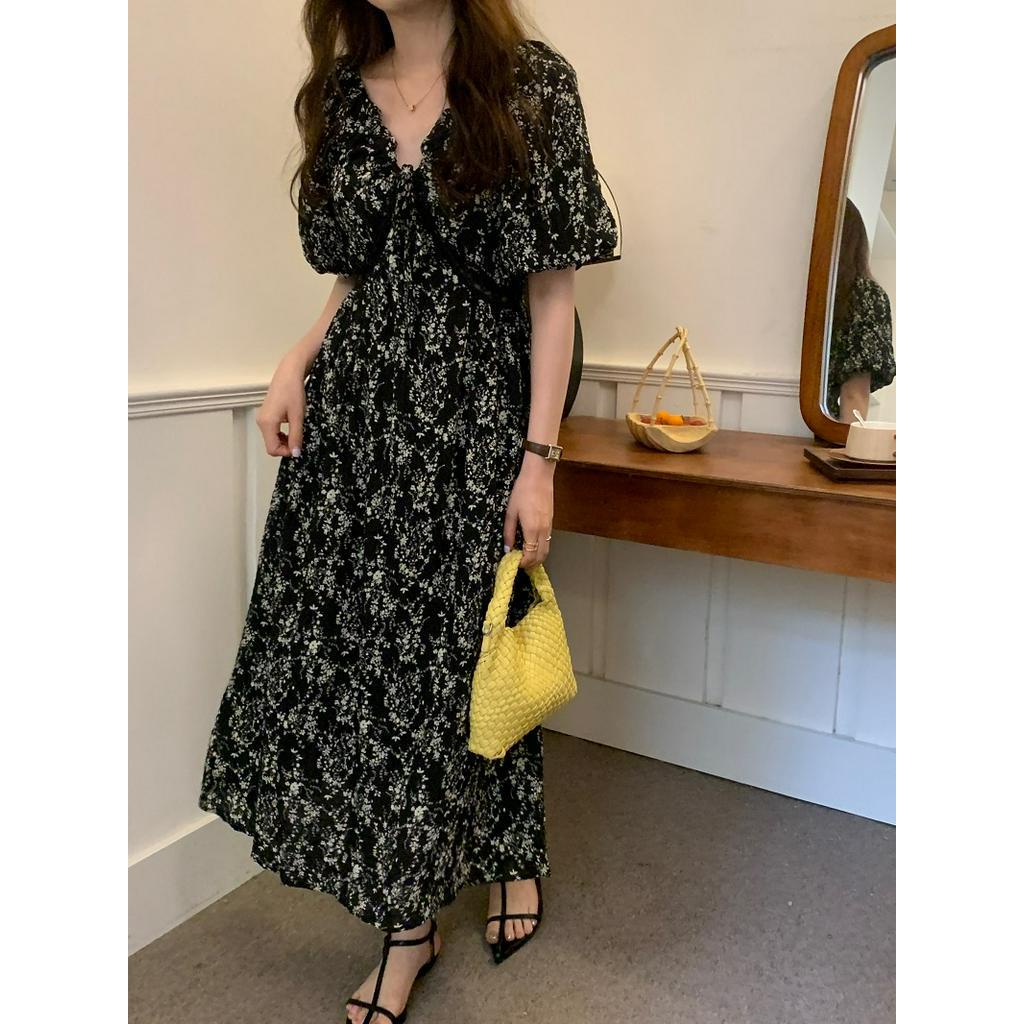 Đầm Tay Phồng Cổ Chữ v Phối Ren Và Dây Rút Phong Cách Pháp 62596