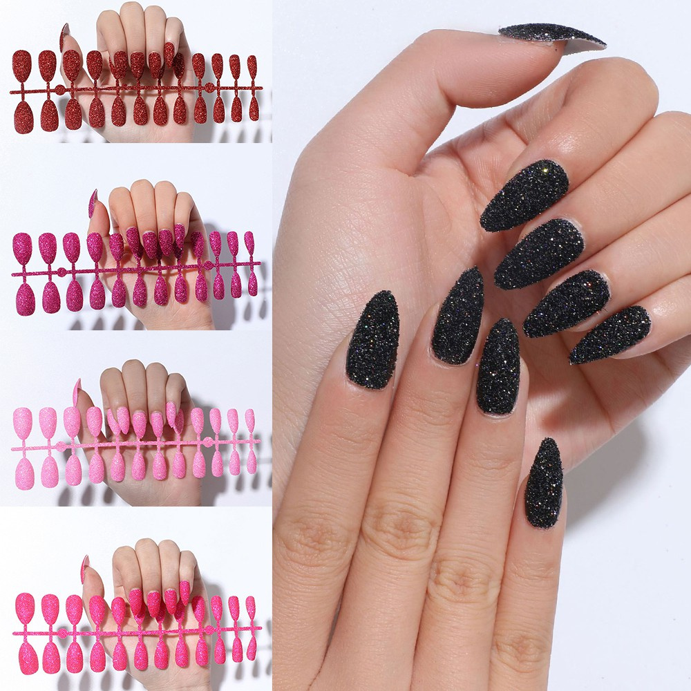 🌱FOREVER🌱 24Pcs Hot Stiletto Shape Beauty Ladies Fake Nails Women New Overhead Nails Tips False Nails Glitter