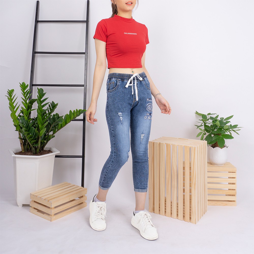 Quần jean nữ Ulzzang GENZ baggy lưng thun nữ thêu chữ thời trang co giãn ZWJ005