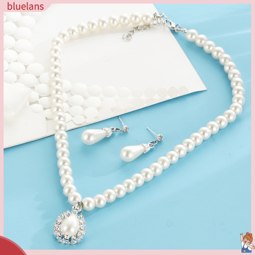 Bộ Vòng cổ + Bông Tai Đính Đá &amp; Ngọc Trai Nhân Tạo Hình Giọt Nước BLUE2