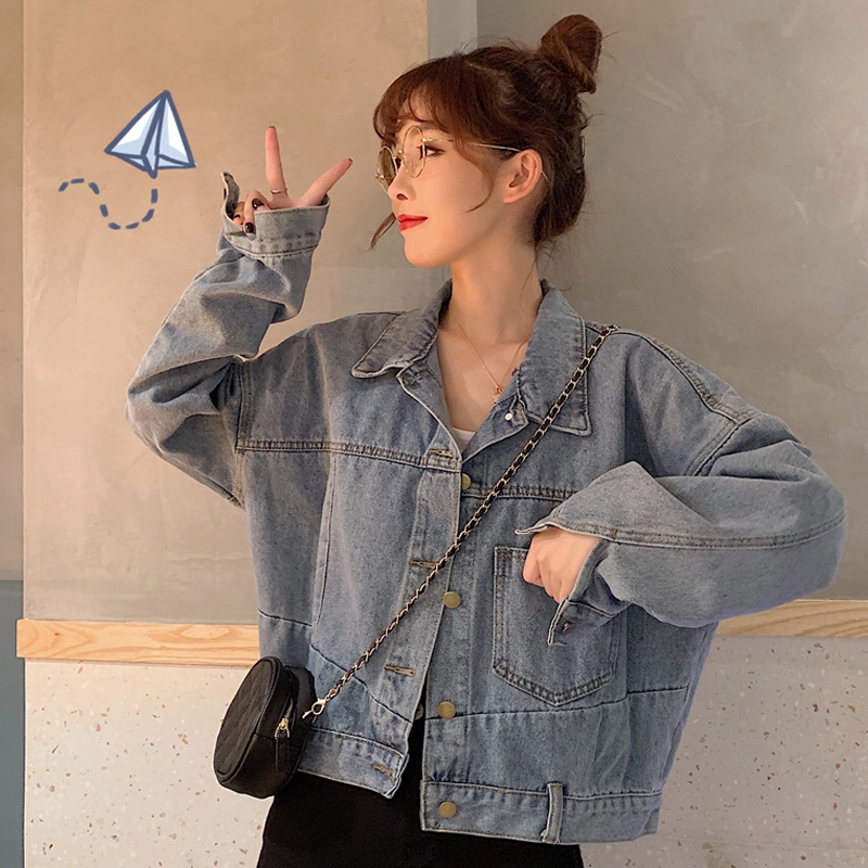Early Korean blue short loose retro denim jacket for women