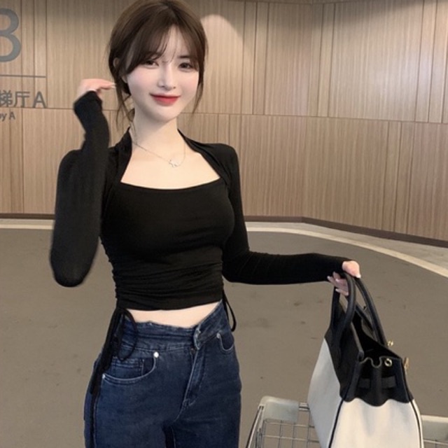 [freeship] Áo Thun Dây Rút  Sọc Cô Bẻ Dáng Croptop Siêu Hot (Màu xanh,hồng ,đỏ,đen)