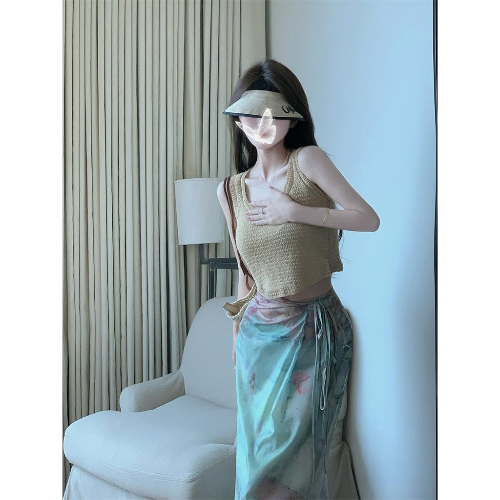 Cocory vn Bộ Áo Tank Top Dệt Kim + Chân Váy Lưng Cao Thời Trang Retro Quyến Rũ Cho Nữ