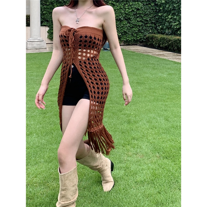 QKOOLE Đầm dệt kim phối ren lưới phong cách cổ điển Hàn Quốc cho nữ