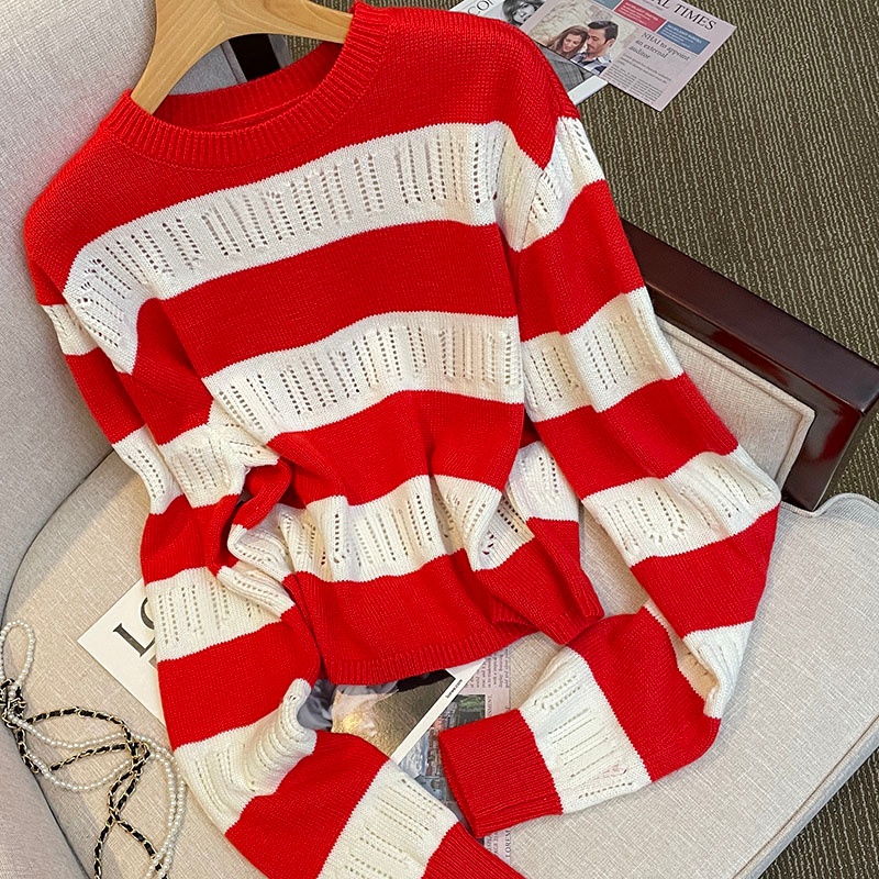 Áo ZHELIHANGFEI vải dệt kim tay dài cổ tròn họa tiết kẻ sọc