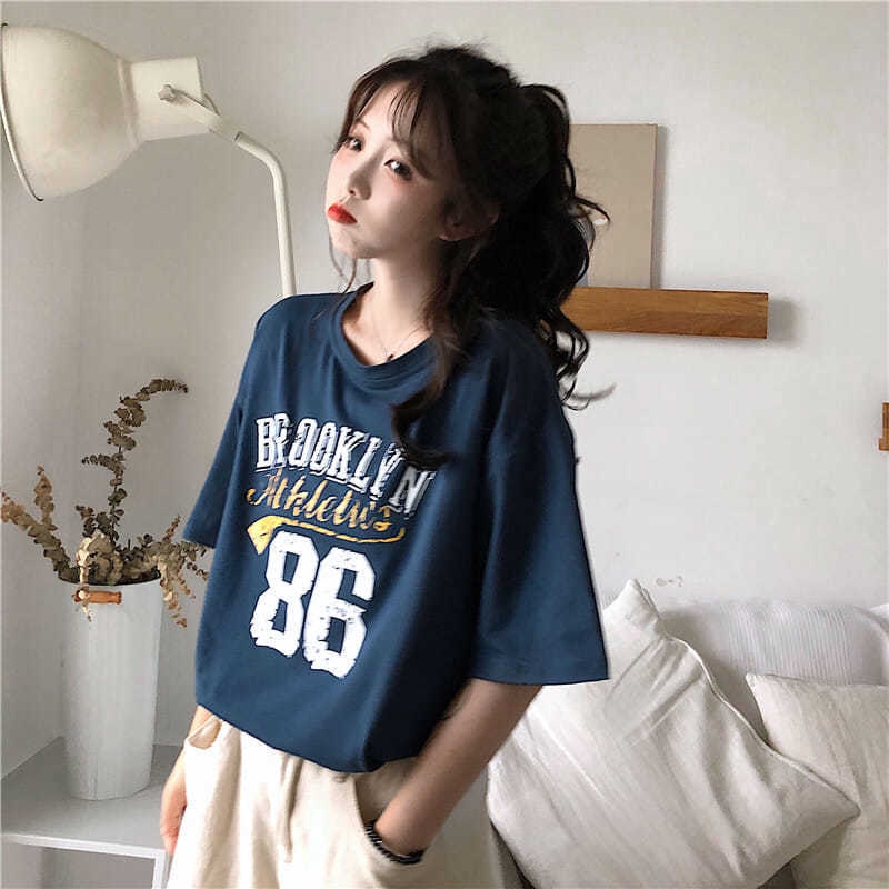 Women Summer Round Collar Big Code Korean Version Printed Loose Short Sleeve T-shirt Simple