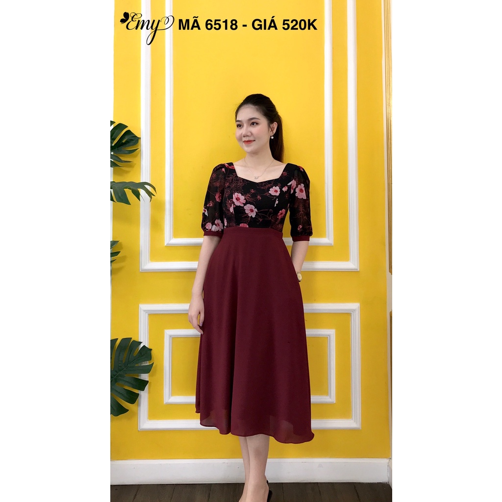 Váy EMY EM6518 Xòe Phối Tay Xẻ Có Túi