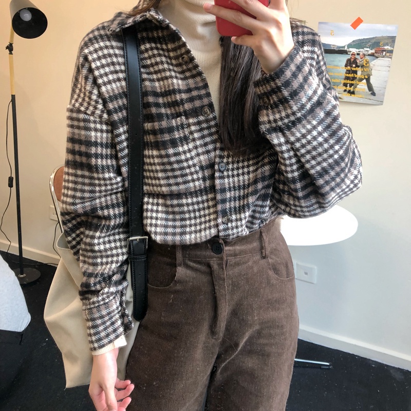 SUXI Áo sơ mi caro tay dài dáng rộng thiết kế mới phong cách Hàn Quốc