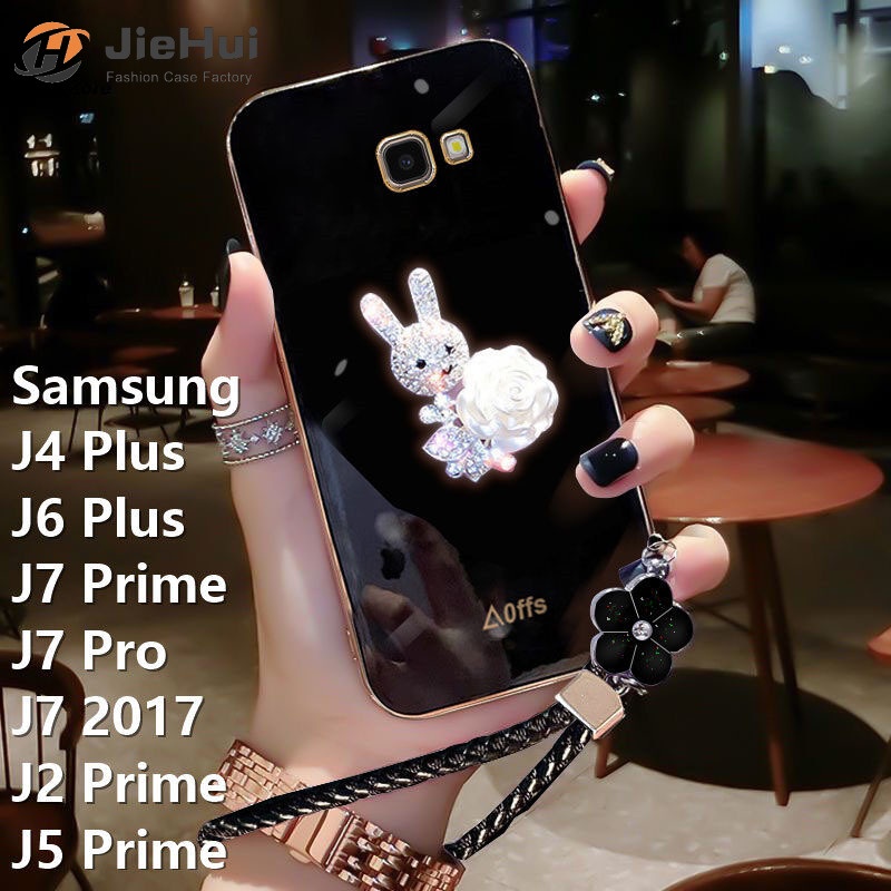 Ốp Điện Thoại Hình Thỏ Hoa Đính Đá + Dây Đeo Cho Samsung Galaxy J7 Prime / J4 Plus / J6 Plus / J7 Pro / J7 2017 / J2 Prime / J5 Prime