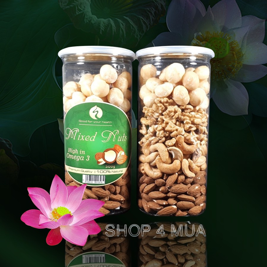 Hộp mixed 4 loại hạt tách nhân: macca, óc chó vàng, hạnh nhân, hạt điều. Hạt mix đã bóc vỏ. Hạt dinh dưỡng cho mẹ bầu.
