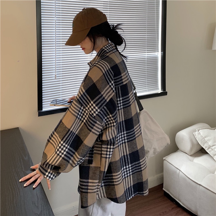 Áo sơ mi SUXI dáng dài rộng họa tiết sọc caro phong cách Hàn Quốc thời trang mùa thu cho nữ