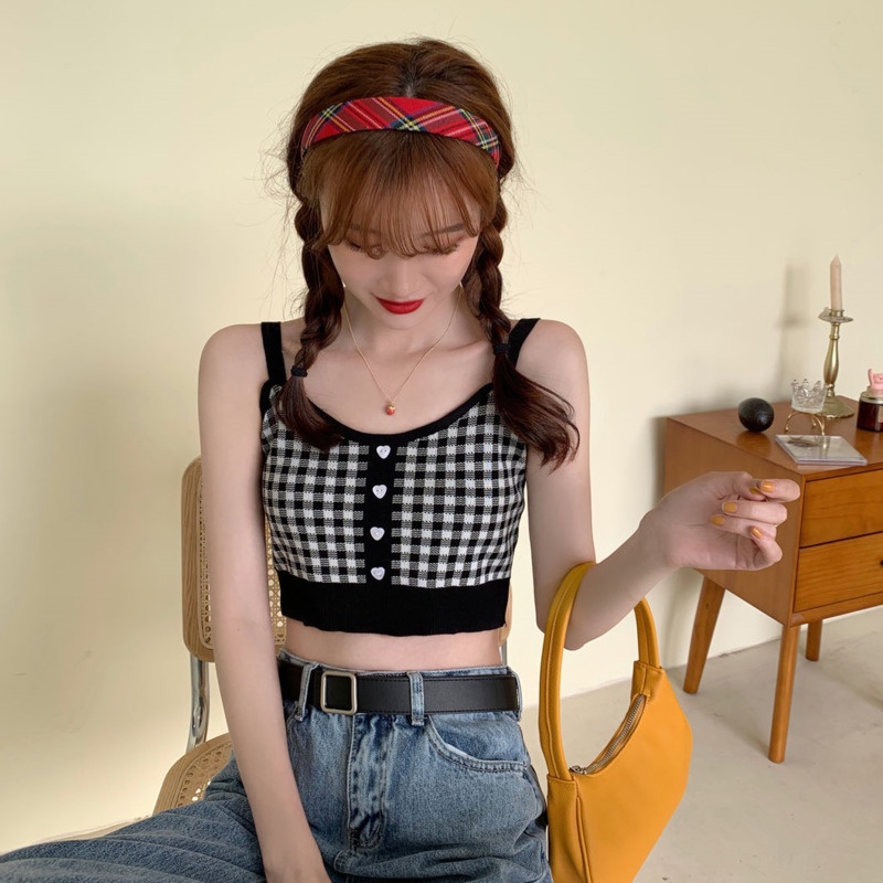 Áo Vest Dệt Kim Kẻ Caro Ngọt Ngào 175288 Áo Croptop Hai Dây Gợi Cảm Xinh Xắn Dành Cho Nữ