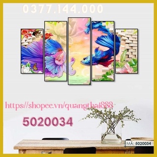Bộ 5 Tấm Tranh treo tường Phong Thủy Hoa Mẫu Đơn Cá Chép Cửu Ngư Quần Hội Tụ phòng khách trang trí nhà cửa 5020034