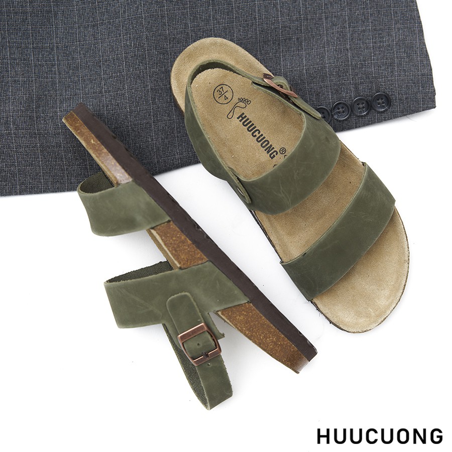 Giày Sandal Unisex HuuCuong 2 quai da bò rêu đế trấu handmade