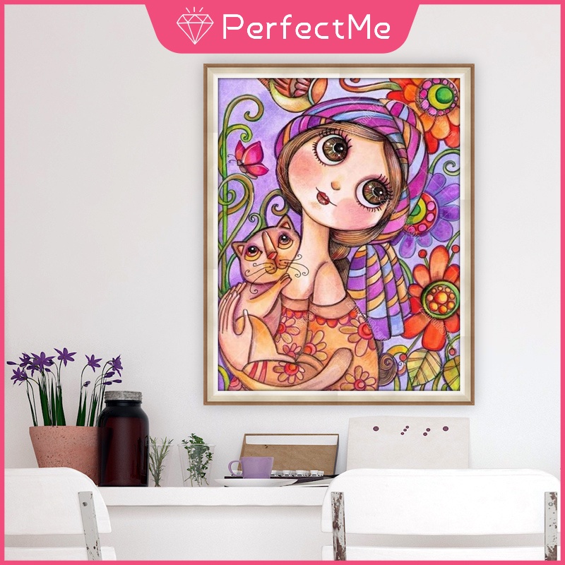 Bộ tranh đính đá 5D tự làm 30 X 40cm hình cô gái và mèo hoạt hình