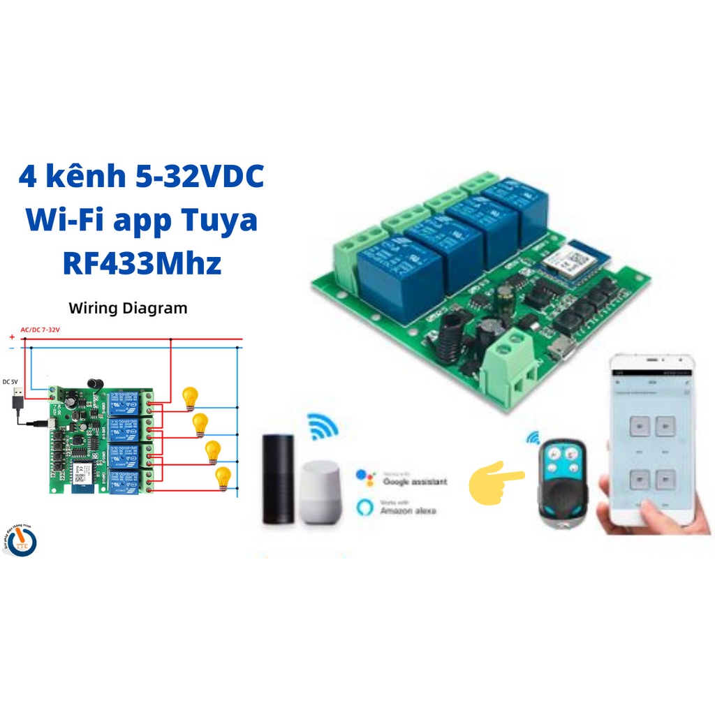 Công tắc thông minh 4 kênh 5-32VDC kết nối Wi-Fi app Tuya Smartlife, 433Mhz điều khiển từ xa