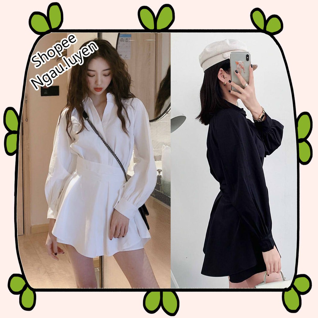 SQ007 Bộ váy sơ mi có dây thắt eo và quần đùi phối thắt lưng dài tay công chúa