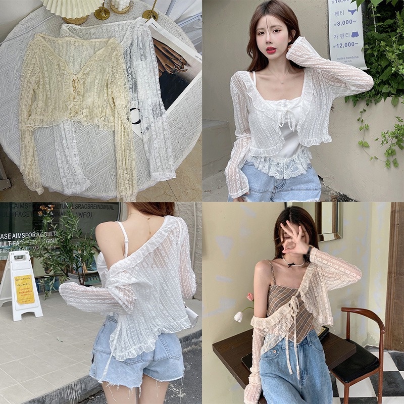 Áo Khoác Cardigan Ren Thoáng Khí Màu Sắc Trơn Phong Cách Hàn Quốc Thời Trang Mùa Hè Cho Nữ