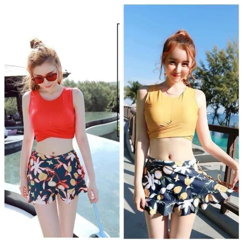 Bộ Đồ Bơi Nữ Bikini Đi Tắm Biển Set 3 Mảnh Áo Croptop Quần Đùi và Chân Váy Hoa Trẻ Kín Đáo B078