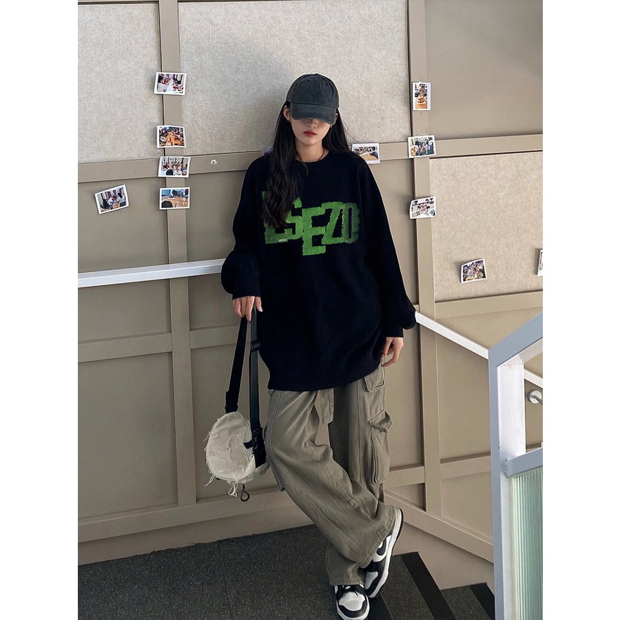 SELVZE Áo sweater cổ tròn dáng rộng in họa tiết phong cách retro Mỹ thời trang cá tính cho nữ