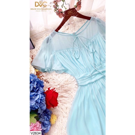 V2634 - váy voan xanh màu xanh