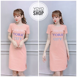 Đầm thun dáng suông form dài xẻ tà cho nữ in chữ màu hồng form dưới 60kg