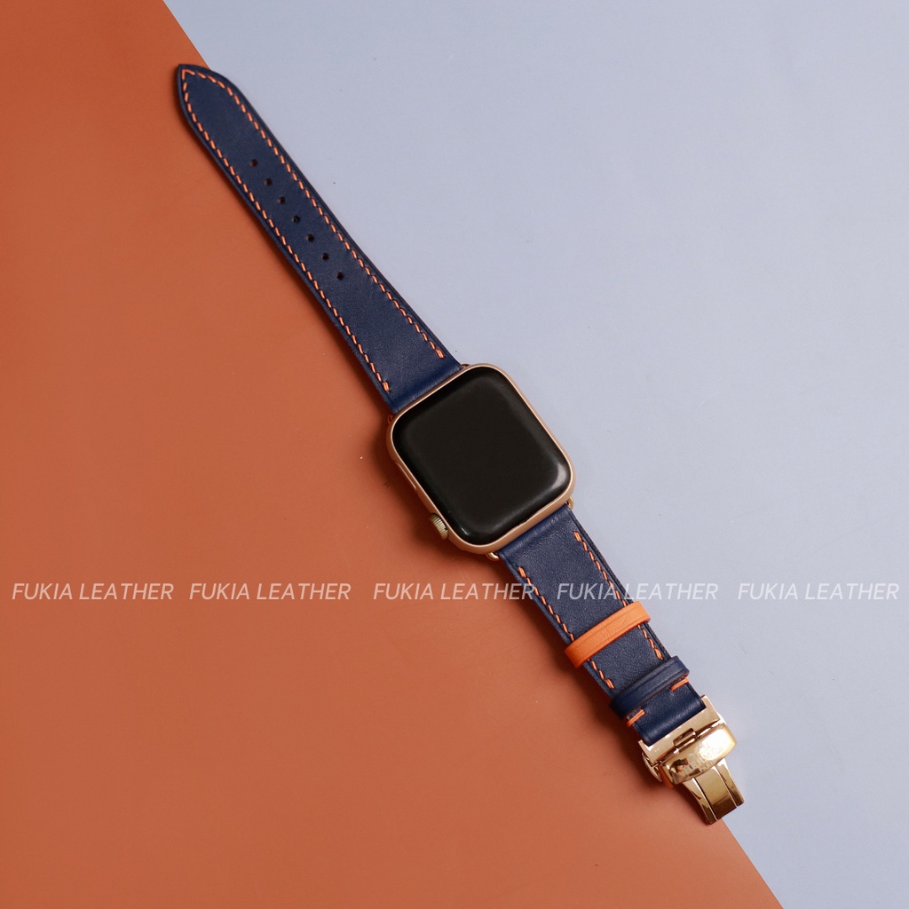 Dây da thủ công Swift Xanh navy mix chỉ cam khoá HM dành cho Apple Watch, đồng hồ cơ - DTC149
