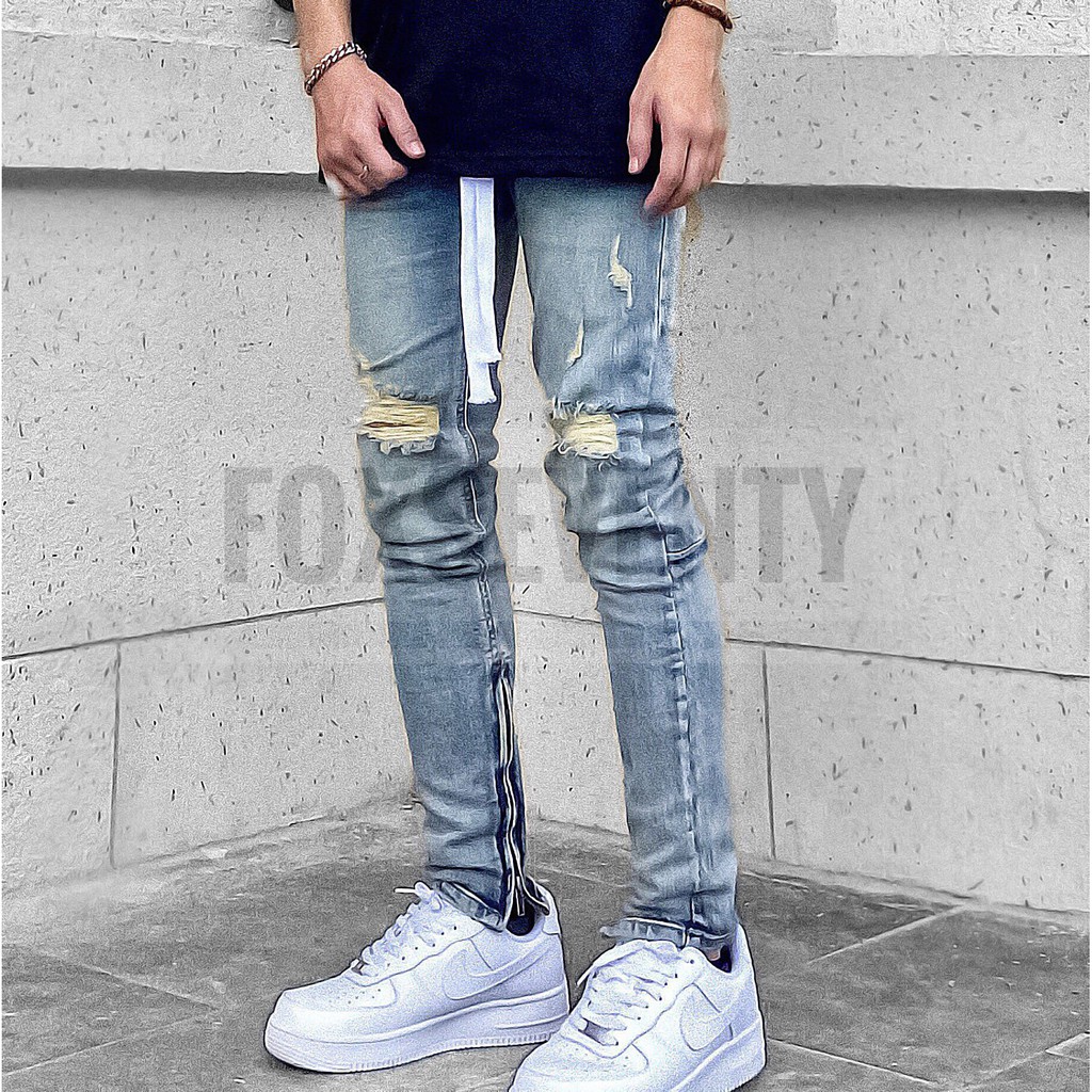 Quần Jeans Nam Rách Gối Zipper Form Skinny, Màu Wash Đẹp, Chất Jeans Co Giãn Dày Dặn, Cam Kết Đổi Trả