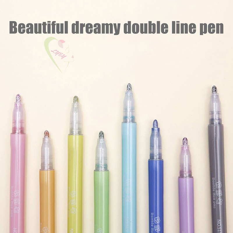 LE Card Writing Drawing Double Line Outline Pen Highlighter Marker Pen 8 Color for School Office @VN