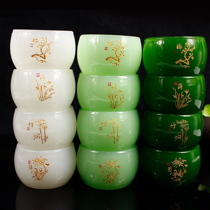 Chén Ngọc Cao Cấp Dùng Thưởng Trà Dung Tích 70 ml (Khắc Họa Tiết Tùng, Cúc, Mai, Lan)