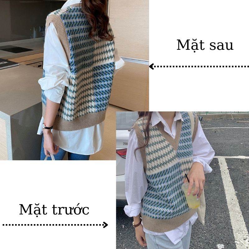 Áo len nữ kiểu dệt kim gile thổ cẩm cổ V phối kẻ sóng vintage thời trang Hàn Quốc hot hit FIZANO 252552366